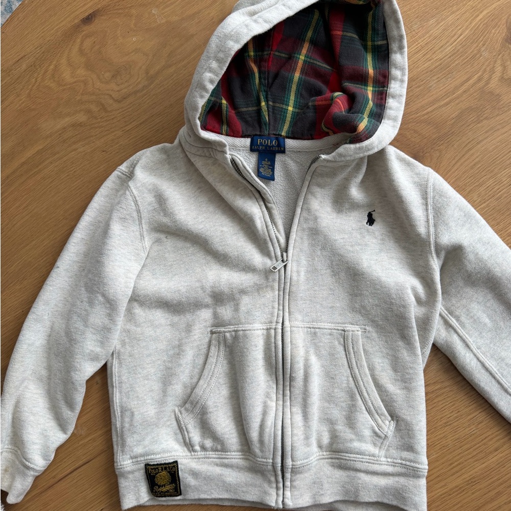 Polo by Ralph Lauren Kids Light Gray Hoodie with Plaid Lining